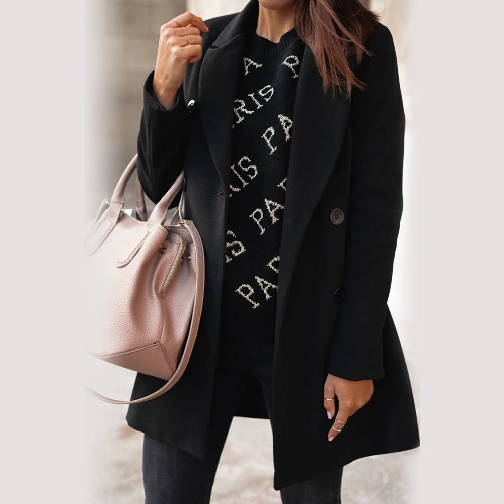 

Women Autumn Winter Fashion Wide Lapel Double-line Buttons Warm Coat Outwear