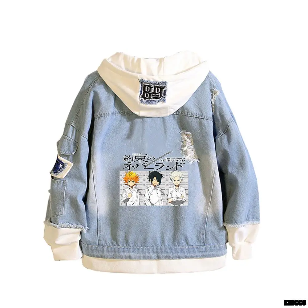 

Neverland Demin Jacket Ray Emma Jeans Hoodies Unisex Spring Sweatshirt Harajuku Boys Couple Coats Turn-down Collar Women Cartoon