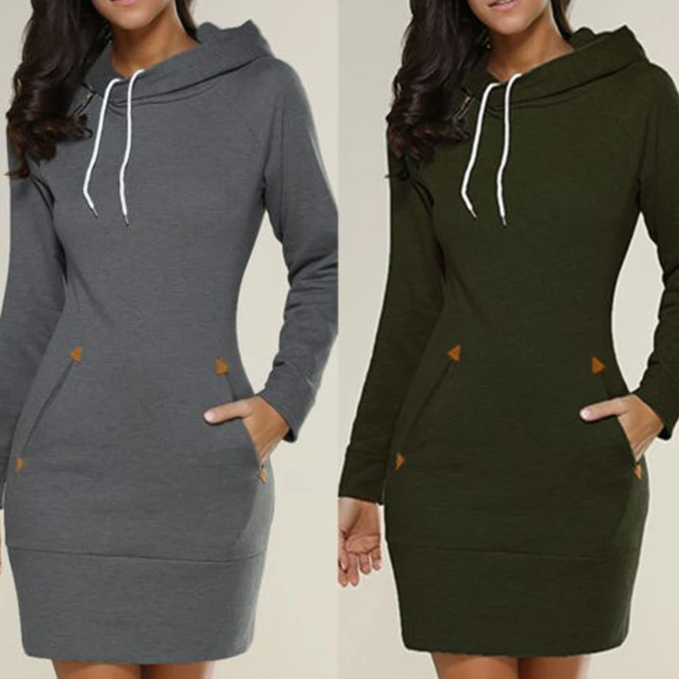 

2021Hot sale new style hooded zipper pullover mid-length sweater dress