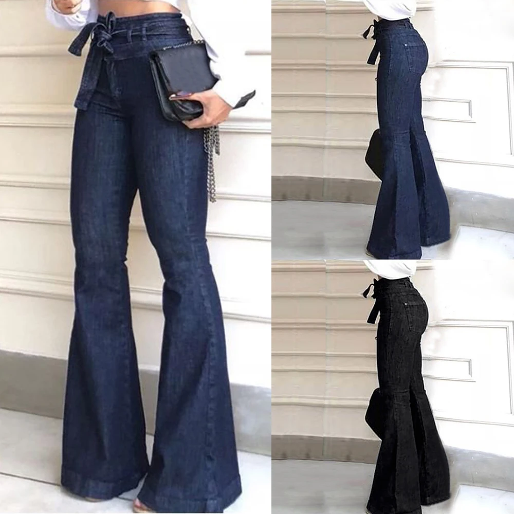 Женские расклешенные джинсы с высокой талией офисные длинные брюки расклешенным