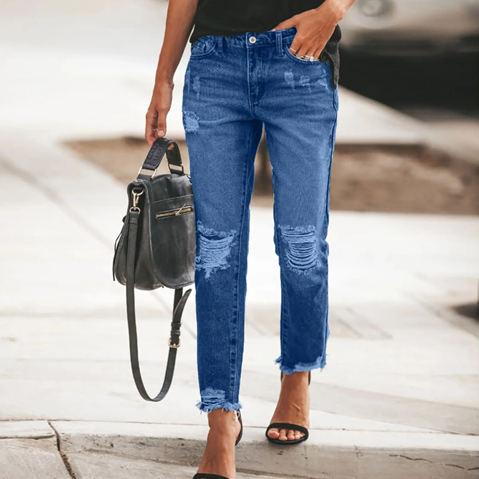 

Джинсы mom, джинсы с высокой талией, женские рваные джинсы в Корейском стиле, потертые джинсы, синие джинсовые брюки