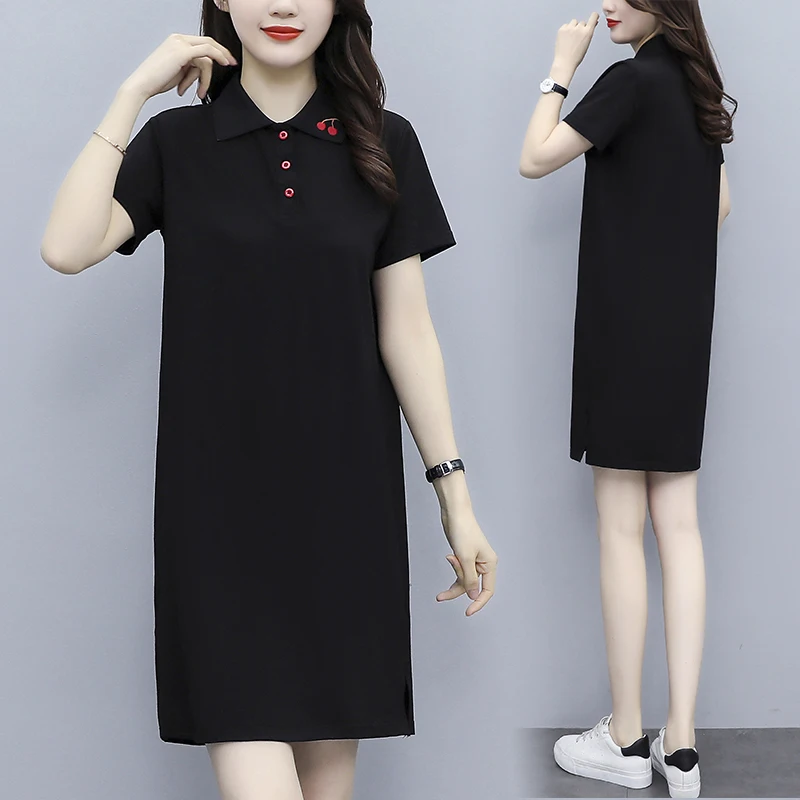 

POLO collar dress plus size M-4XL 2021 summer new plus size women's solid color embroidery mid-length skirt