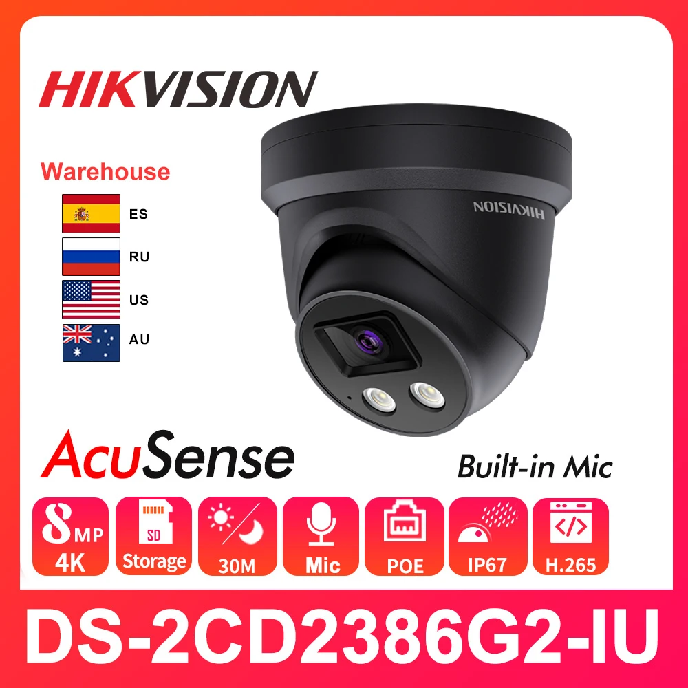 

Hikvision Original IP Camera 8MP DarkFighter 4K Dome POE IP Camera SD Card H.265+ IP67 DS-2CD2386G2-IU AcuSense vehicle Black