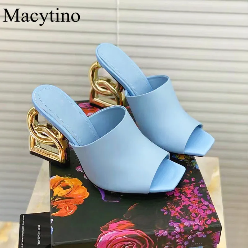 2023 New Strange Metal High Heel Ladies Slippers Summer Square Toe Shallow Mouth Sandals Fashion Party Black Slippers