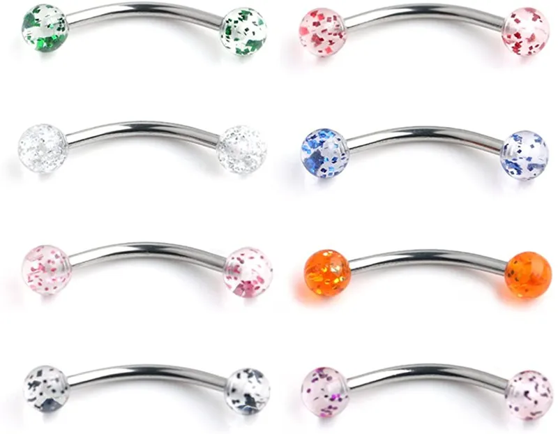 Glitter Ball & Surgical Steel Bar Curved Barbell Snake Eyes Tongue Belly Ring Piercing 14G 2-8PCS