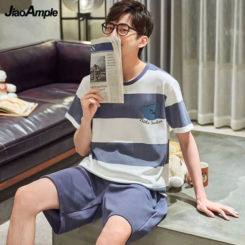 Men's Pajamas Summer Cotton Cute Cartoon Short-Sleeved Shorts Pijamas Two-piece 2022 New Boys Nightie Casual Sleepwear Nightie