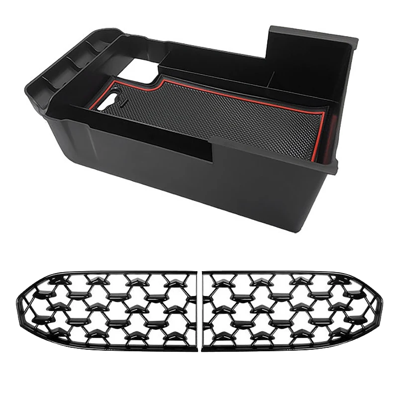 

2 Set Car Accessories: 1 Pcs Car Armrest Storage Box & 1 Set Car Front Lower Grille Bumper Grille Cover Decoration
