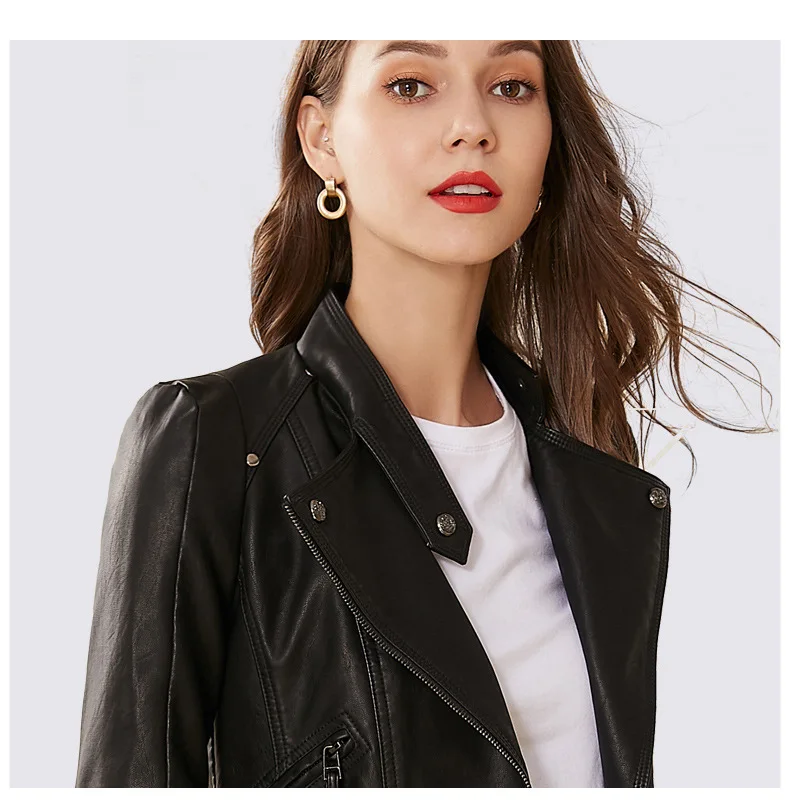 

Pu Leather Jacket Women Fashion Bright Colors Black Motorcycle Coat Short Faux Leather Biker Jacket Soft Jackets Female Coats
