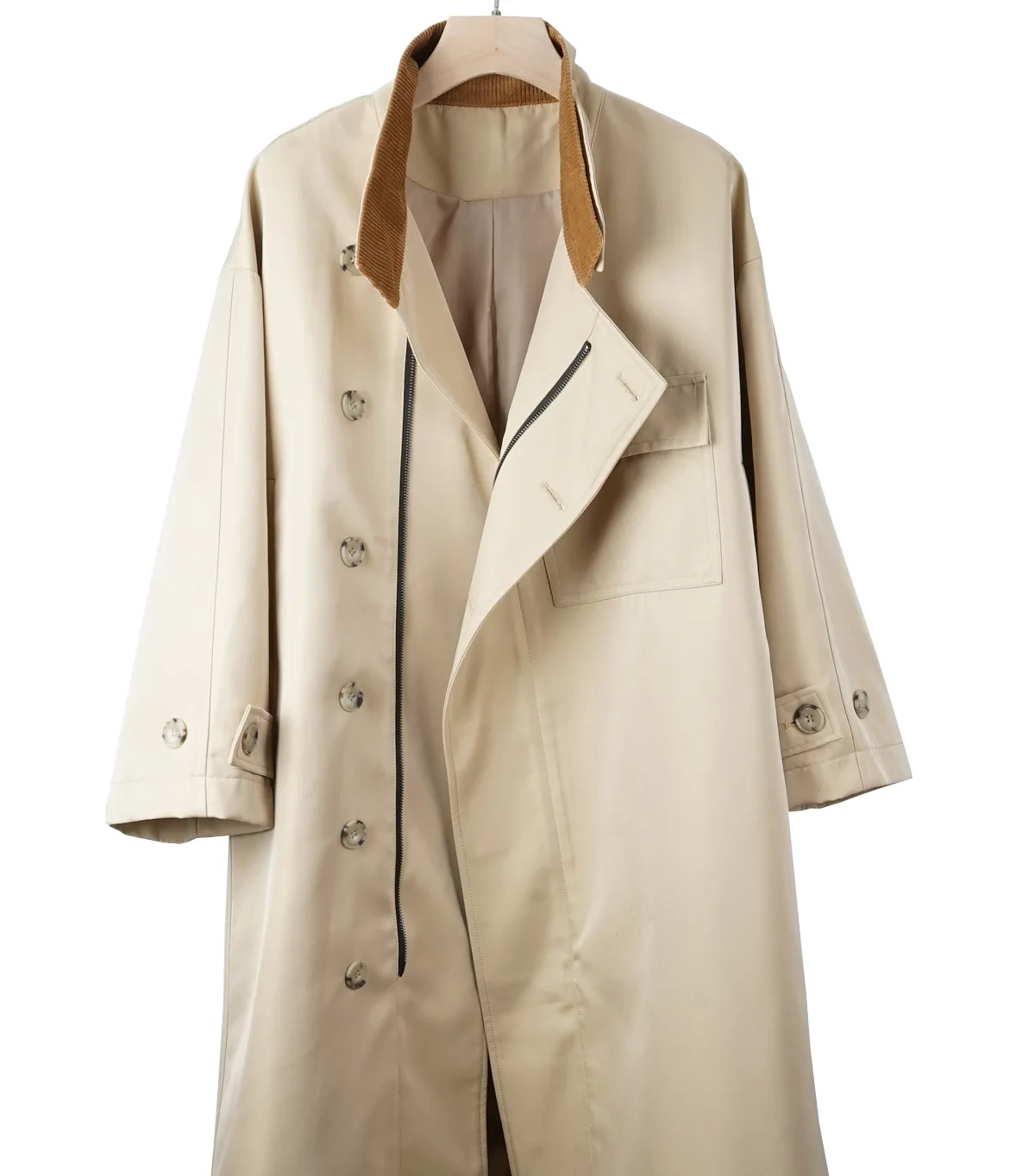 

DEAT 2021 spring Long-sleeved Turn Down Collar Double Breasted Patchwork Loose Mid Long Windbreaker Overcoat With Belt SG668