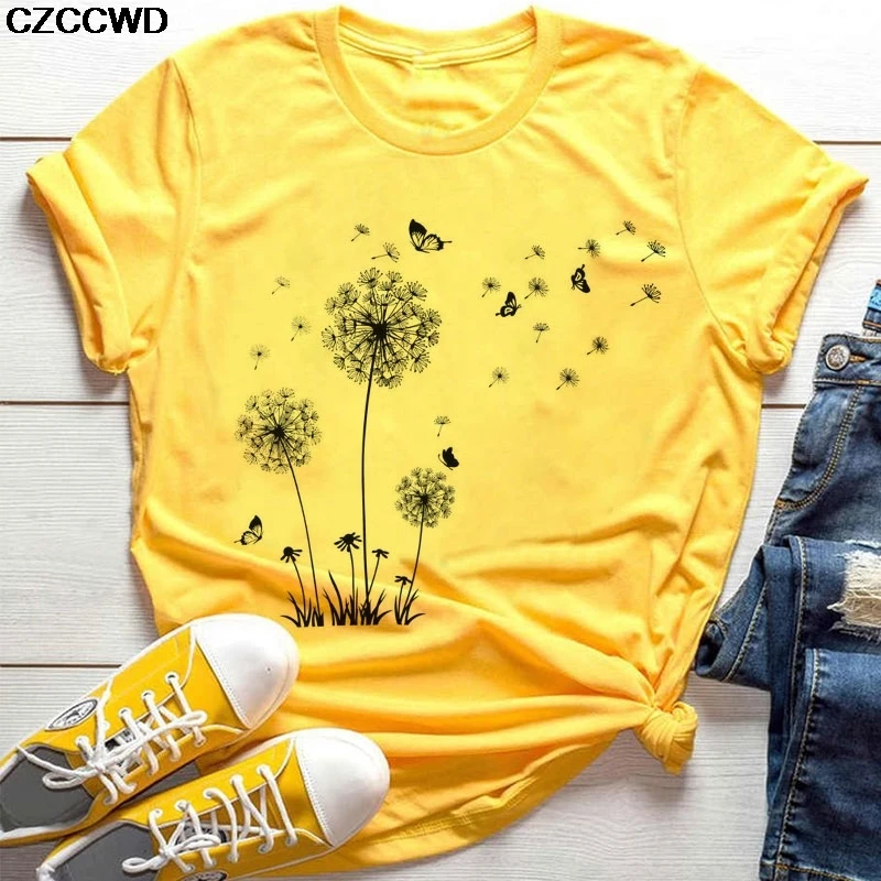 Женская футболка с принтом диких цветов Повседневная желтая букета одуванчиков