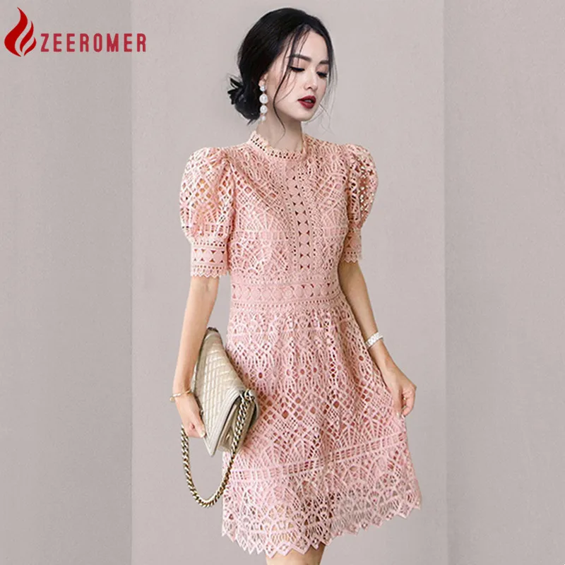 

2022 Summer New Elegant Hollow Out Sweet Pink Lace Dress Vintage Court Style Temperament Women Dress Short Sleeve Vestidos Robe