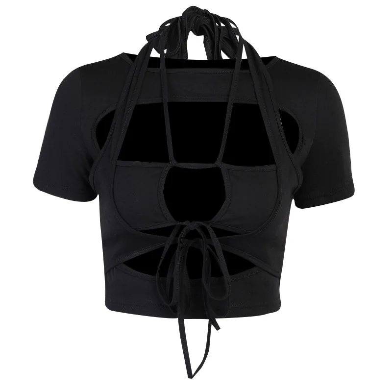 Женский короткий топ на шнуровке белый или черный облегающий с вырезами и