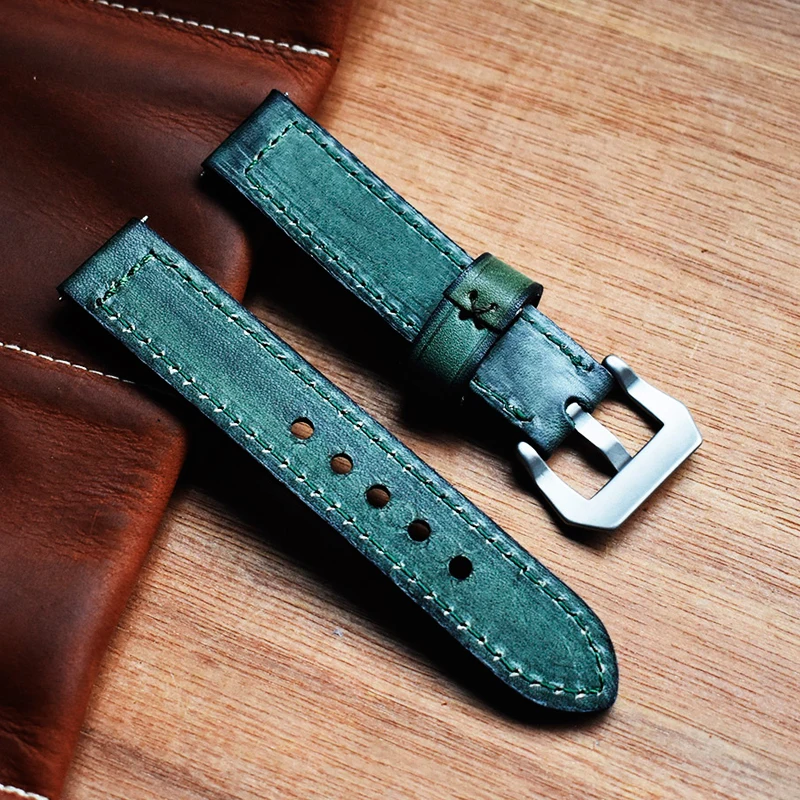 Handmade Watchband 20mm 22mm 24mm Green Red Blue Brown Vintage Leather For Panerai Watch Strap Band KZB02