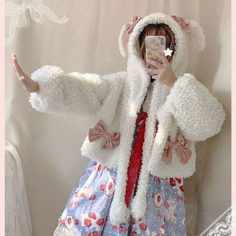 Autumn Winter Japanese Girly Sweet Lolita Coats Cute Warm Soft Plush Rabbit Ear Moving Hooded Short Jackets Women Kawaii Outwear