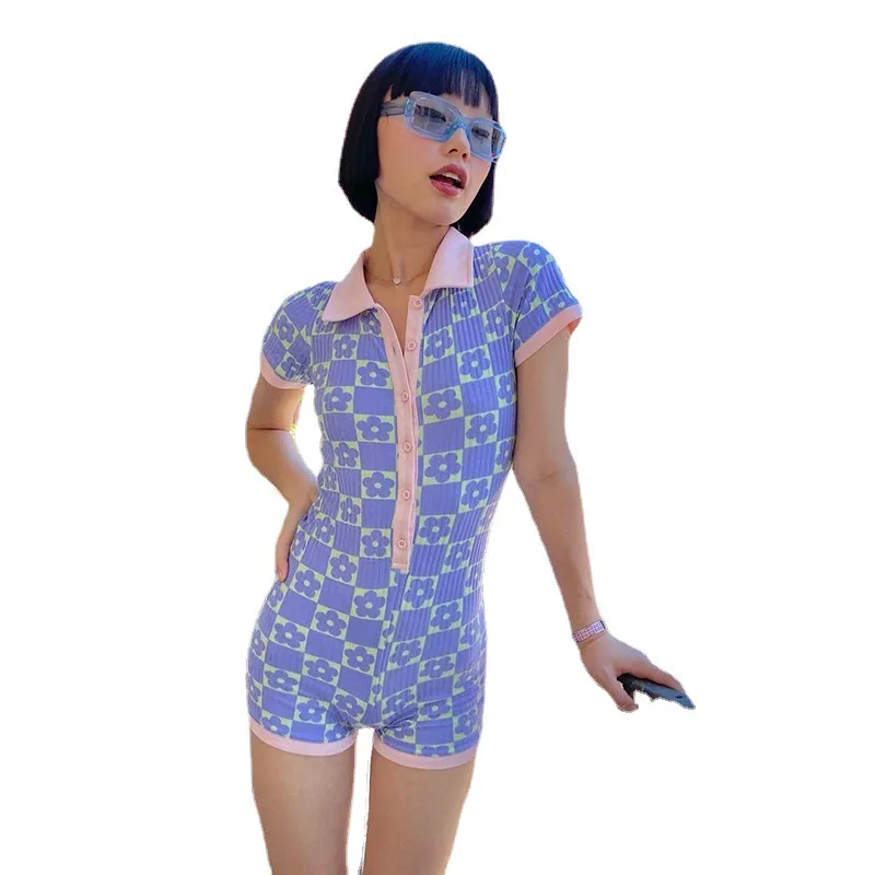

Elegant Floral Plaid Woman Bodysuit Sexy Slim Buttons Polo Callor Short Sleeve Playsuits Summer High Waist Vintage Casual Romper