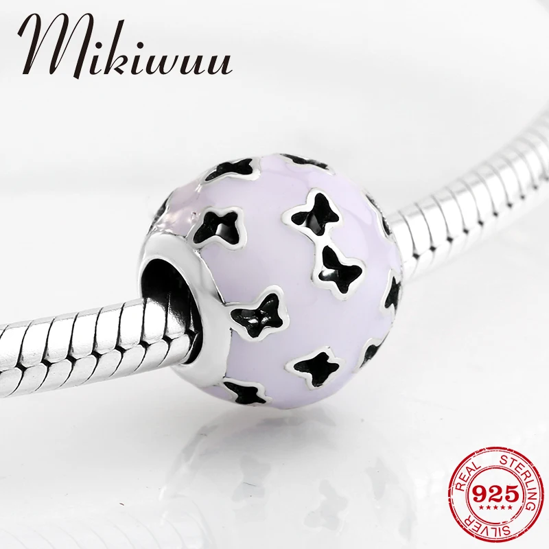 Настоящее серебро 925 пробы фиолетовая эмалированная бабочка изящные бусины