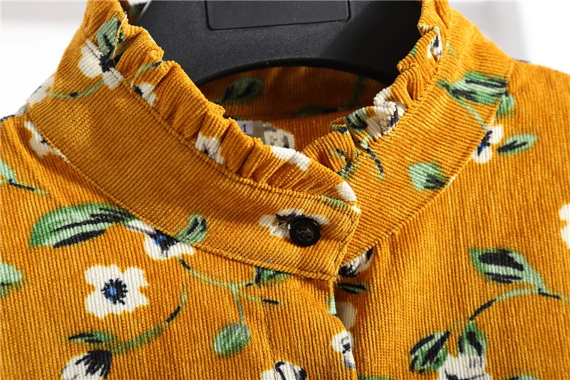 

2020 Long Sleeve Ruffle Stand Collar Fall Winter Dress Elegant Women Floral Print Dress Elastic Waist Corduroy Mid-Long Dresses