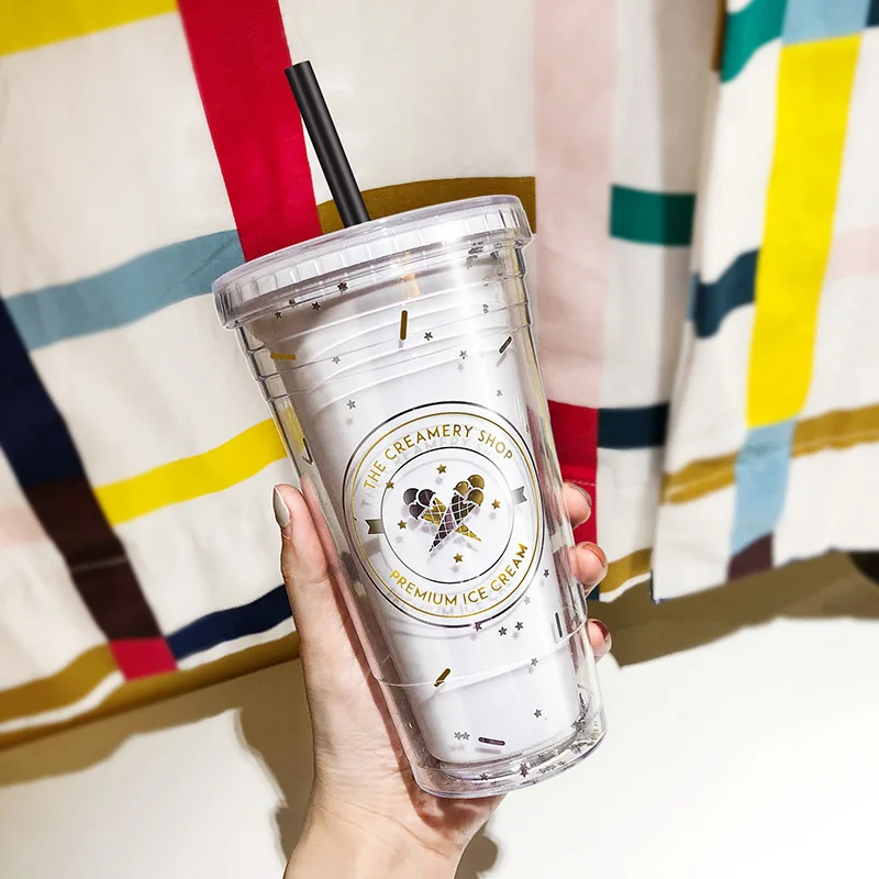 Розовые двухслойные пластиковые стаканы с крышками и трубочкой без БФА питьевая