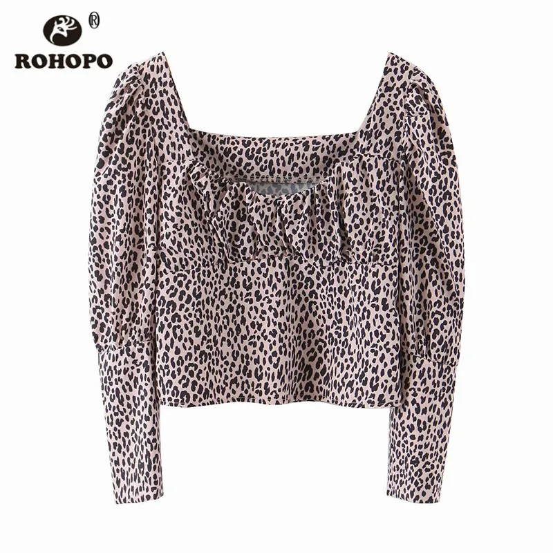 ROHOPO/футболка с длинным рукавом и принтом животных рубашка квадратным воротником