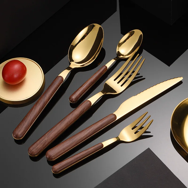 

Walnut Round Tail Tableware 430 Stainless Steel Cutlery Set Imitation Wood Western Steak Cutlery Spoon Family Hotel Applicable