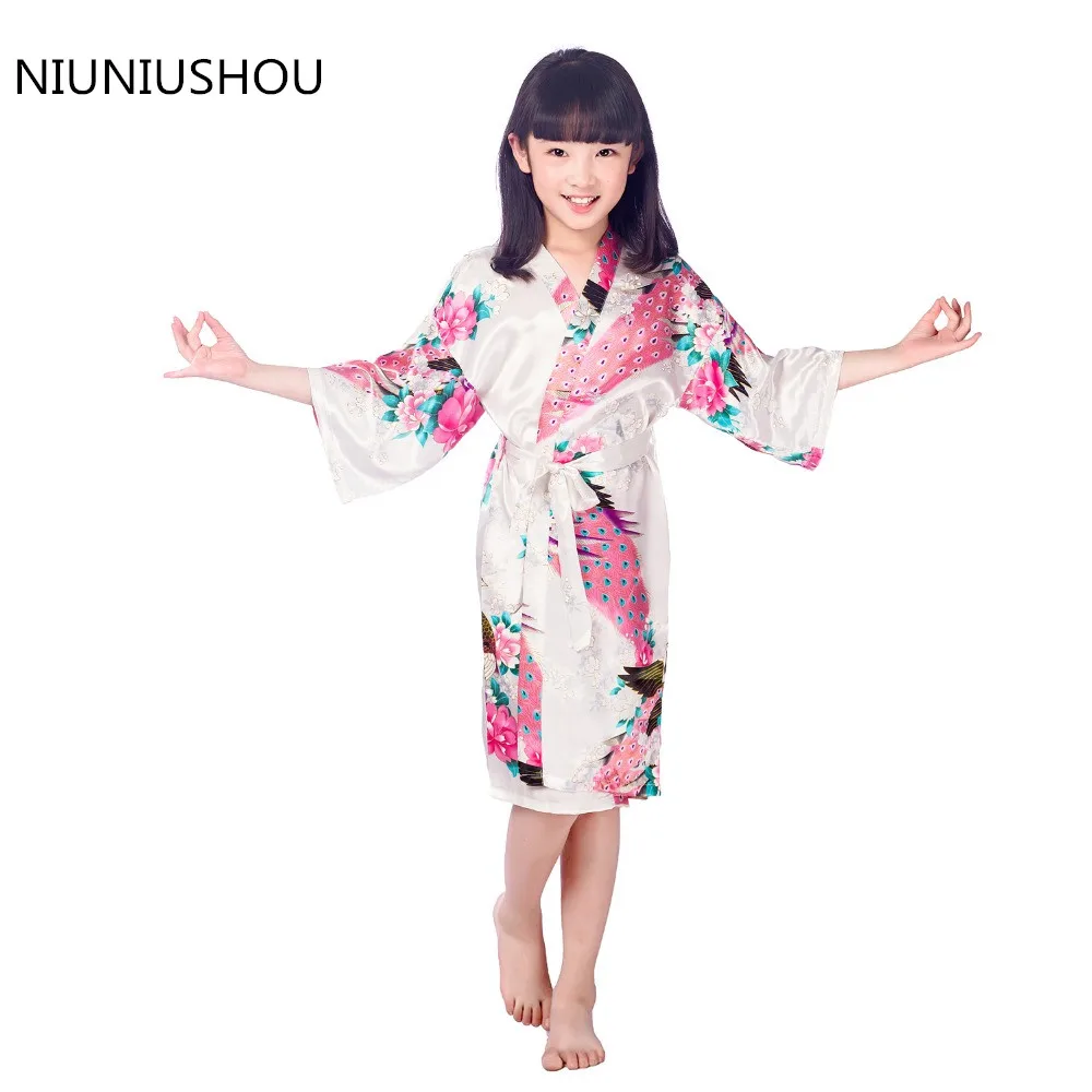 New Peacock Kids Robe Satin Children Kimono Robes Bridesmaid Flower Girl Dress Silk children's bathrobe Nightgown robe size 2-14 |