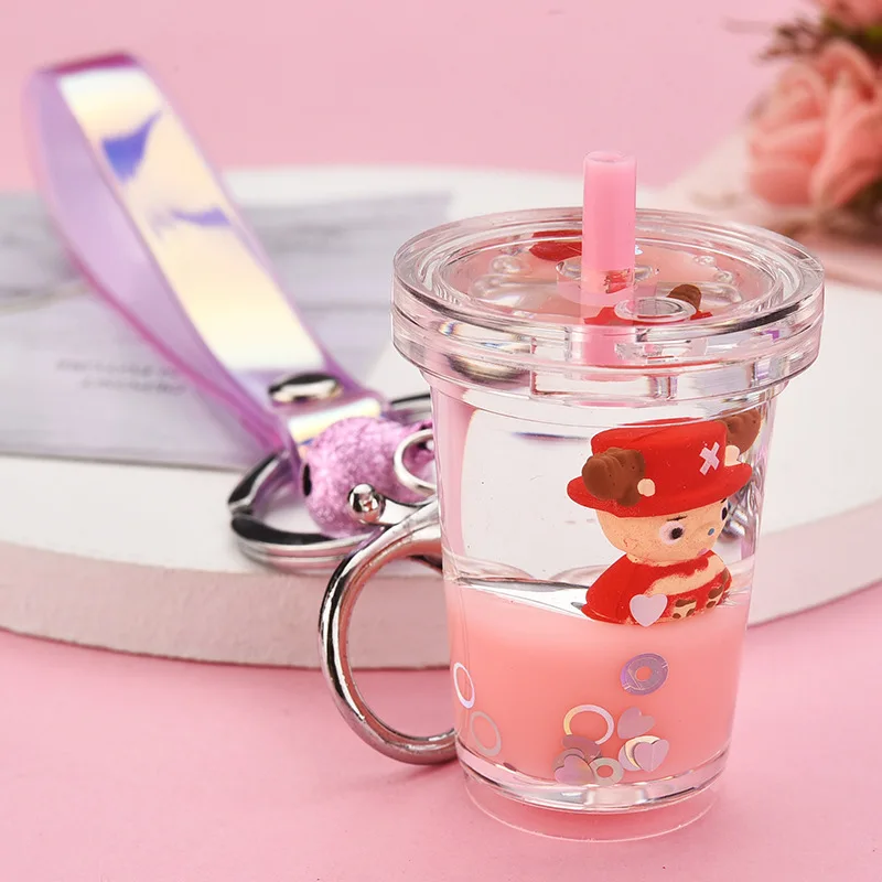 Acrylic Quicksand Milk Tea Cup Keychain Creative Floating Cartoon Chopper Anime Keyring for Men Boy Bag Pendant Key Chains Gifts | Украшения