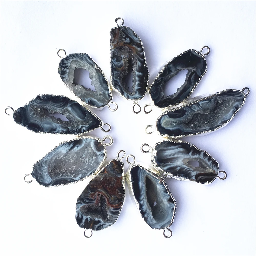 Natural Black Brazilian Agates Slice Pendants Connectors Irregular Raw Druzy Silvers Stones Pendants For DIY Jewelry Making 5PCS