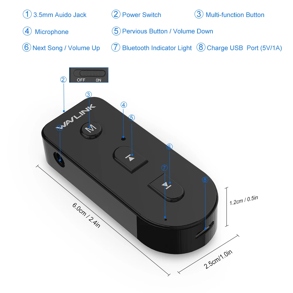 Аудиоприемник Wavlink AUX Стерео bluetooth 4 1 беспроводной адаптер Mini USB 3 5 мм для колонок