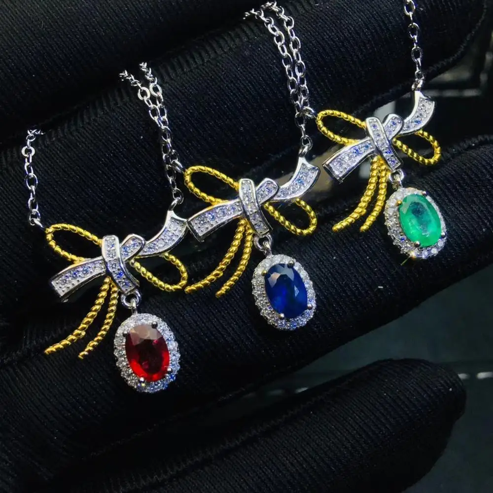 

Natural green emerald gem Necklace natural blue sapphire ruby Pendant Necklace S925 silver trendy women Bow party Jewelry