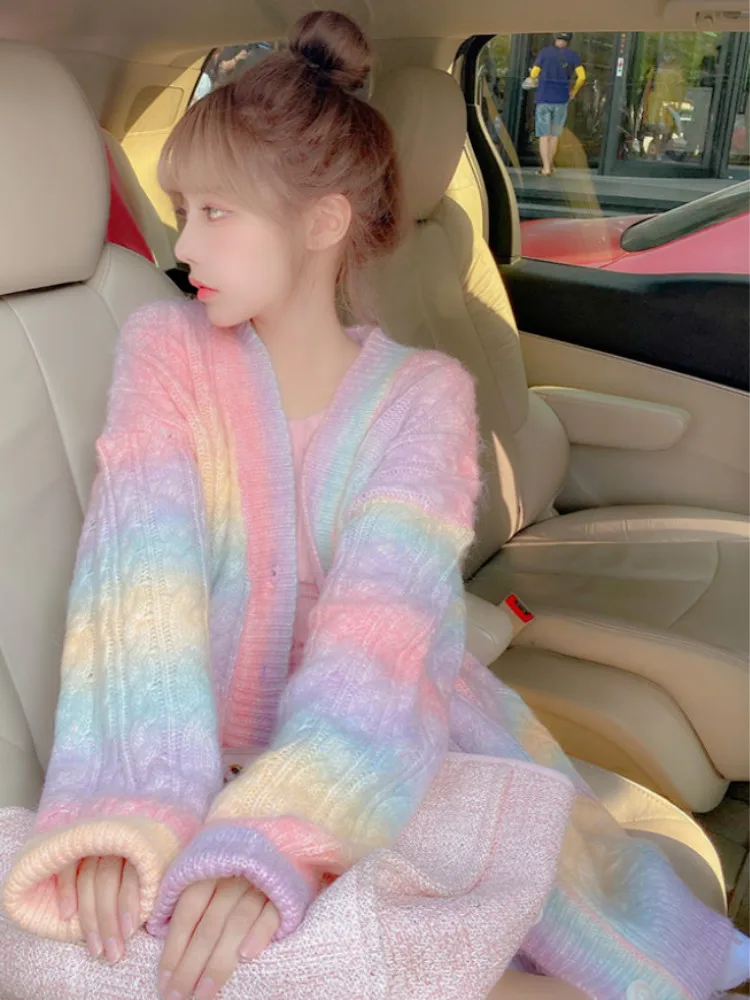 

Sweet Kawaii Sweater Coat Female Long Korean Button Down Cardigan Fall Colorful Teenage Girls Beauty 511930