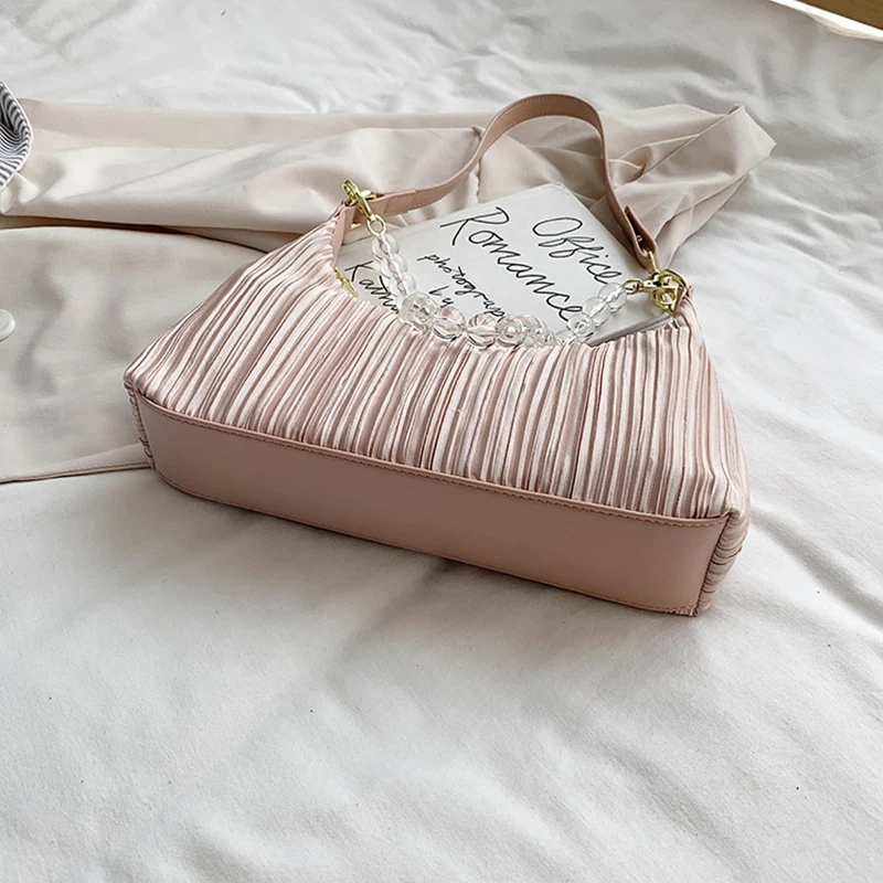 

Pearl Portable Bag 2020 New Fashion Autumn Winter Texture Pleated Shoulder Bag Women's Bag Net Red Foreign Style Handbag Flap