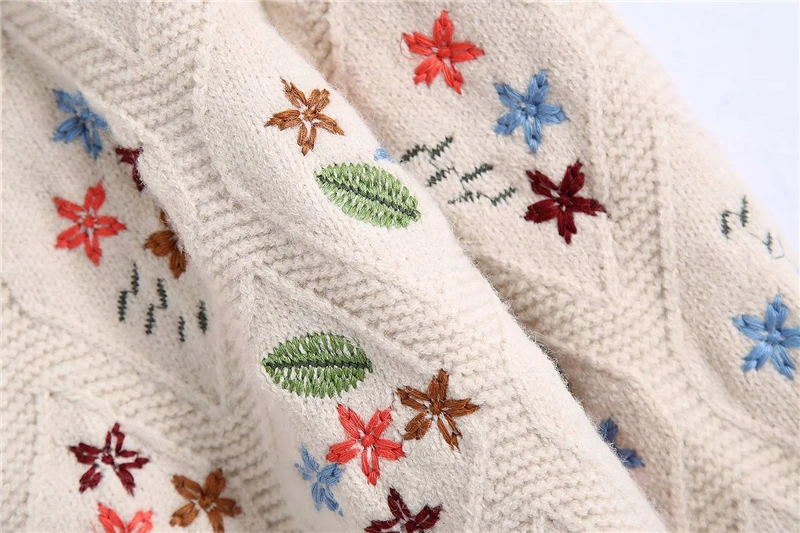 

Elegant Women Floral Embroidery Sweaters 2020 Fashion Ladies Knitted Tops Streetwear Female Chic O-Neck Button Cardigan