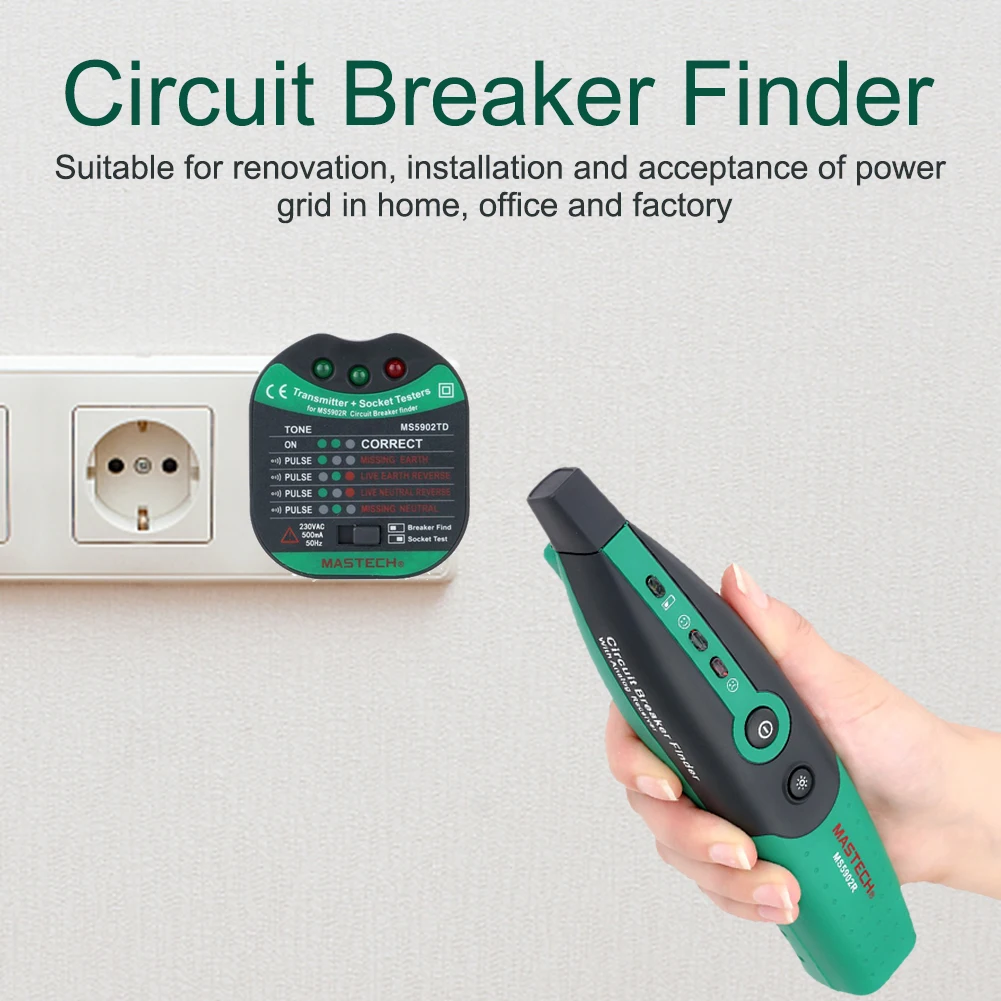 

MS5902 Circuit Breaker Finder Professional Automatic Plastic Buzzer Socket Tester With Indicator Light Low Battery Warning