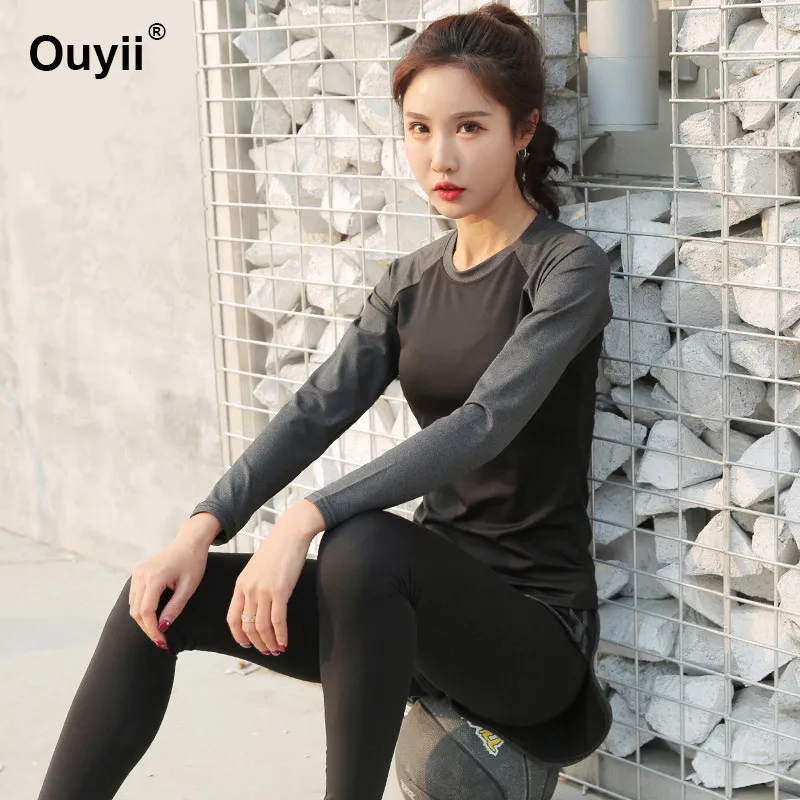 Women Sport Leggings Suit 2 Pieces Set Dance Yoga Practice Long Slevees Tight Stretch Fitness Running Spoerswear | Спорт и