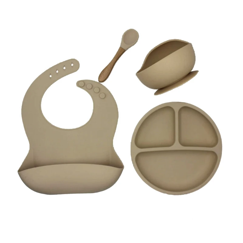 

4pcs/set Baby Silicone Tableware Waterproof Bib Dinner Plate Sucker Bowl Spoon