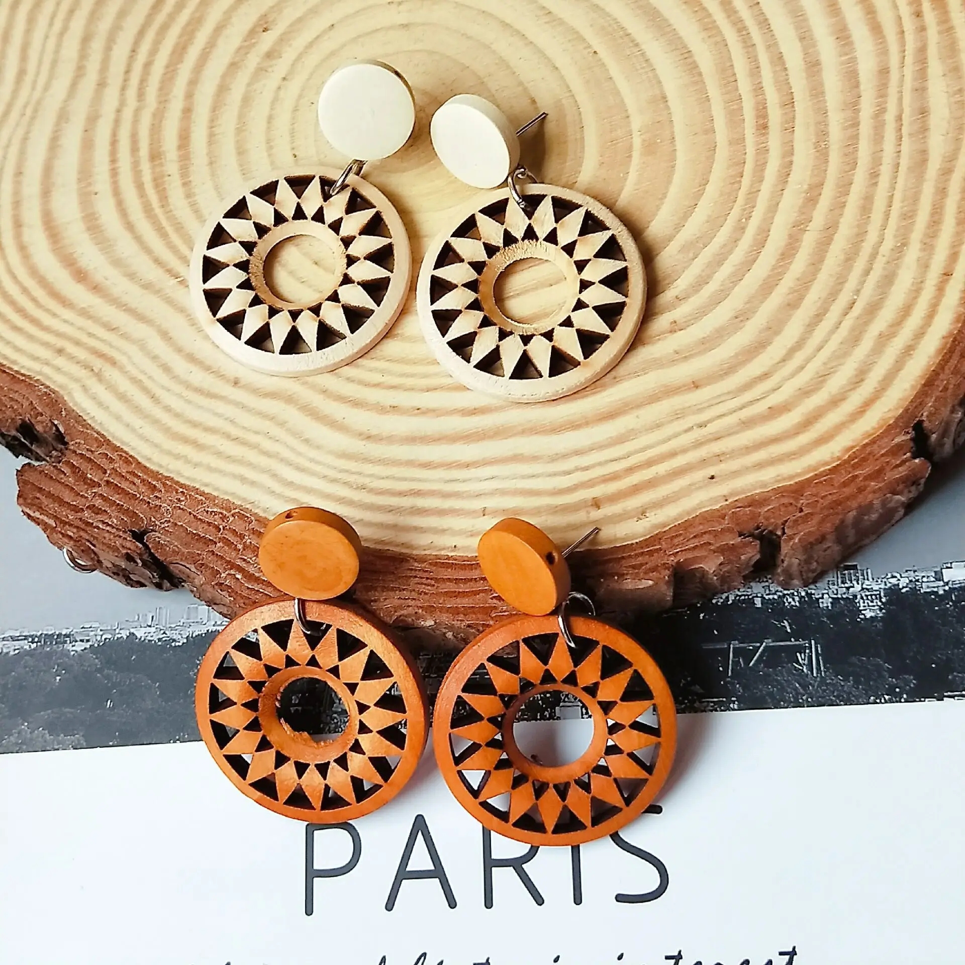 

National Tide Ethnic Style Retro Wooden Earrings Geometric Printing Temperament Personality Trend Exaggerated Jewelry