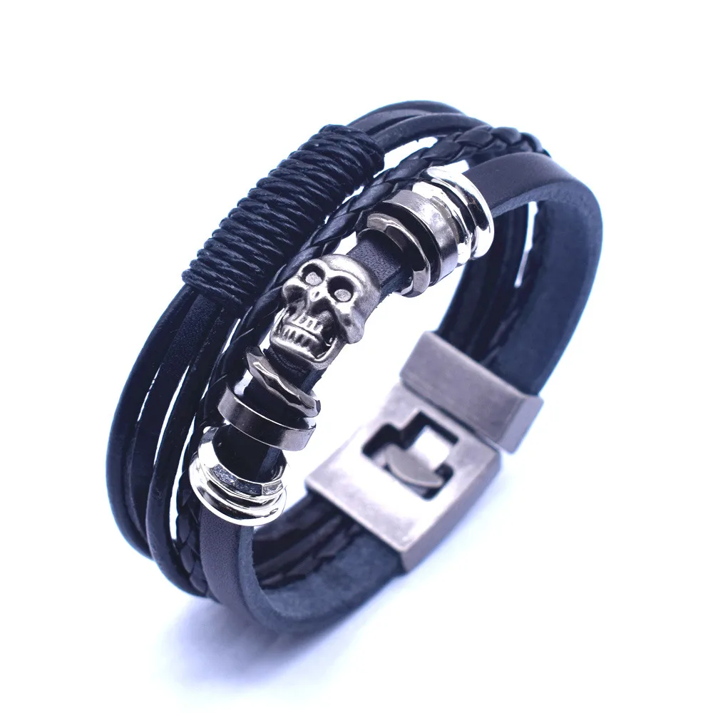 Punk Mens Skull Charm Bracelet Multi-layer-woven Rope Leather Handmade Jewelry Gifts Armband Heren | Украшения и аксессуары