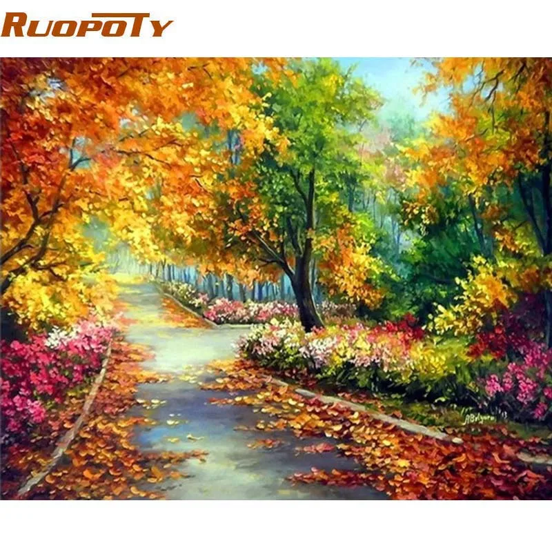 RUOPOTY Рамка DIY Краска по номерам пейзаж лес Раскраска по номерам Краска на холсте Ручная Краска ed масляная краска для домашнего искусства