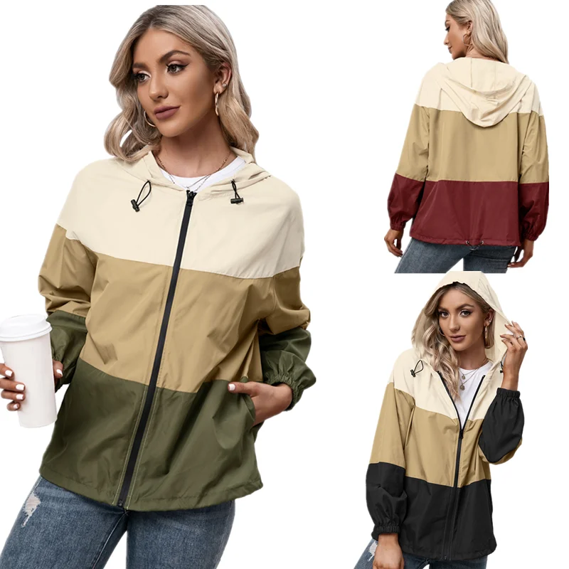 

Fashion Hooded Patchwork Waterproof Jacket Outdoor Sports Mountaineering Clothes Raincoat Casual Jacket Top Women