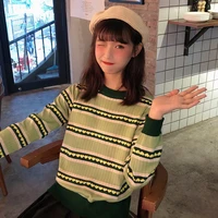 spring womens sweater new avocado green thin striped long sleeved female loose student korean casual style