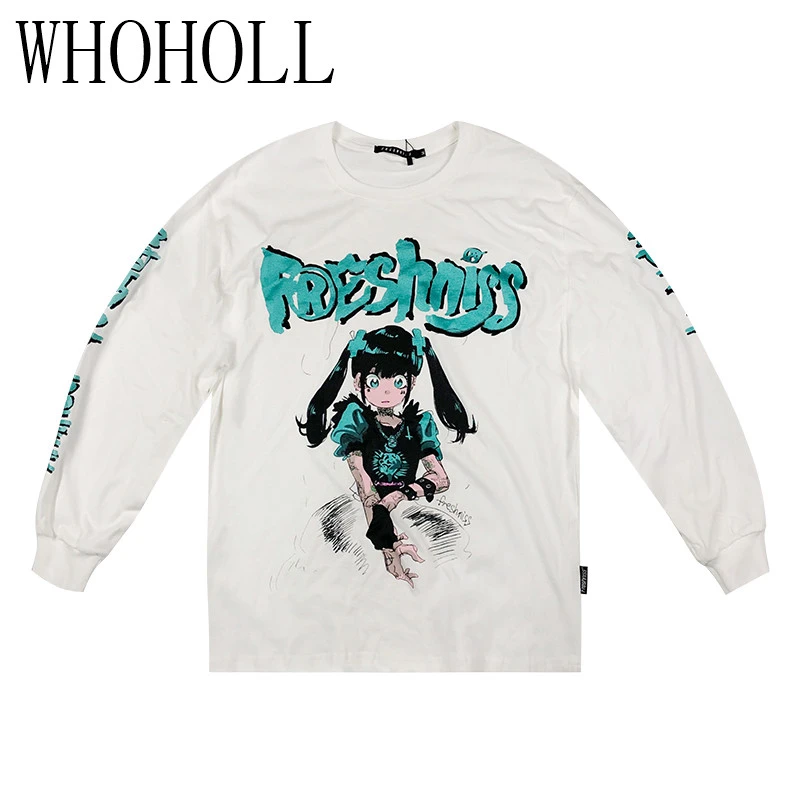 

Lovely Girl Print Man Women Unisex T-shirt Hand-painted Long Sleeve Dark Gothic High Street Style Cartoon Printed Autumn Clothes