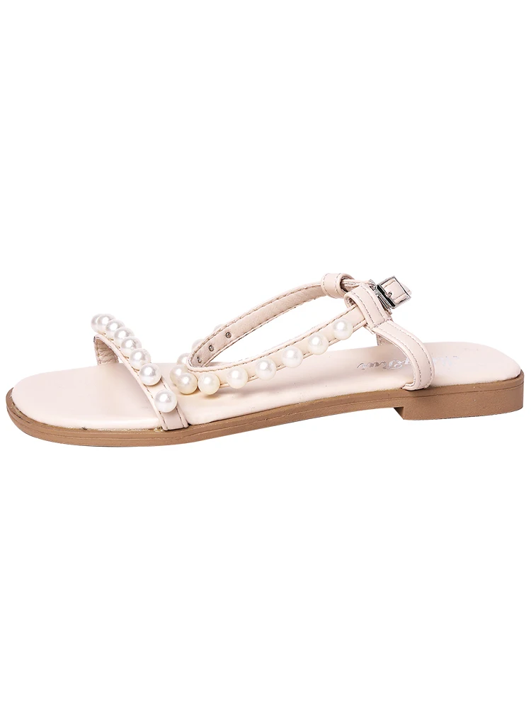 

Low Sandals Woman Leather 2021 Summer Suit Female Beige Womens Shoes All-Match Clear Heels Low-heeled Gladiator Pearl Flat Blac