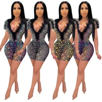 adogirl sexy deep v neck mesh serpentine print bodysuits short tracksuits night club party street two pieces set women set