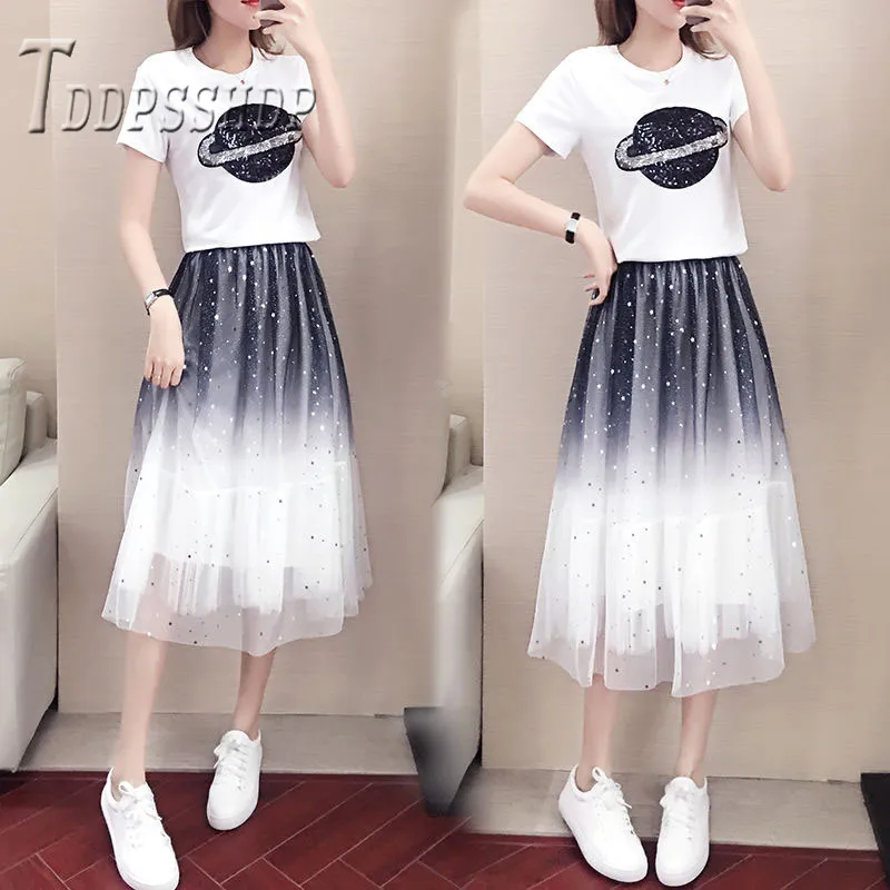 2019 Summer Women Sets Planet T Shirt and Pleated Skirt Female |