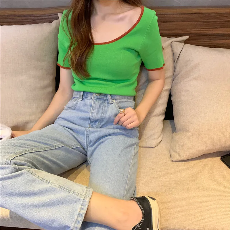 

Summer Chic Color Versatile Occation Round Neck Knitted Top Short Sleeve T-shirt Women's Thin And Comfortable Clavicle Exposed