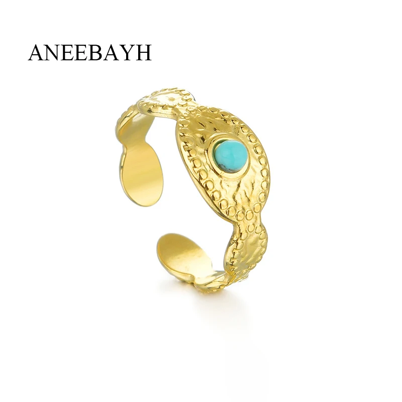 

Bohemian Gold Finger Rings For Women Stainless Steel Geometric Round Blue Stone Rings Stackable Vintage Jewelry Gift