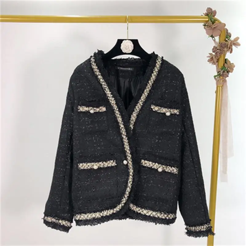 

Fashion women Blazer women Autumn New casual Loose small fragrant wind chain border black tweed jacket women Tops women coat