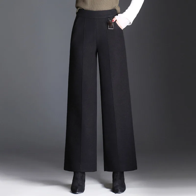 

High Waist Wool Wide Leg Pants Women 2020 Autumn Winter Thick Warm Woolen Office Lady Luxury Straight Trousers Female Plus Size
