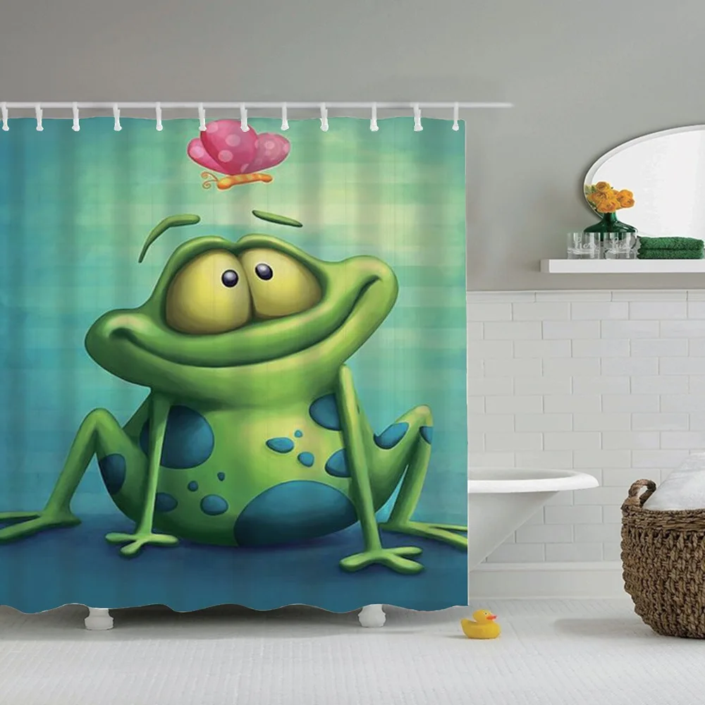 Dafield Shower Curtain Frog Funny Animal Green Cute With Lotus Cartoon Buttefly On The Branch Of Tree | Дом и сад