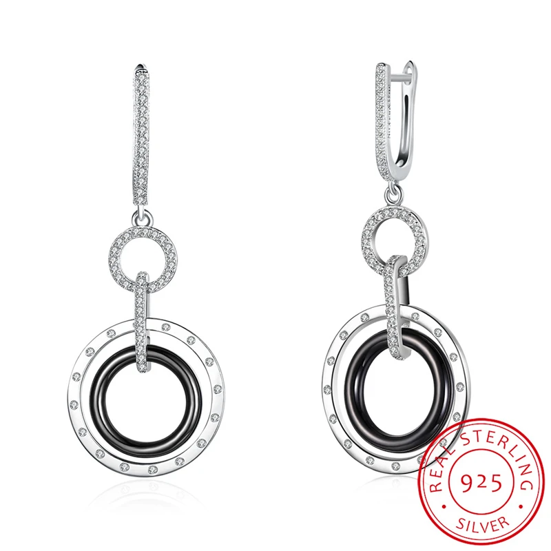 

DOTEFFIL 925 Sterling Silver Black Ceramic AAA Zircon Drop Earrings Charm Women Jewelry Fashion Wedding Party Gift